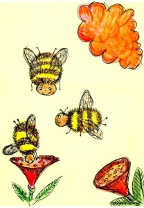 Three bees, two flowers and a UFO