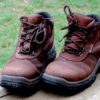 A pair of brown leather walking boots