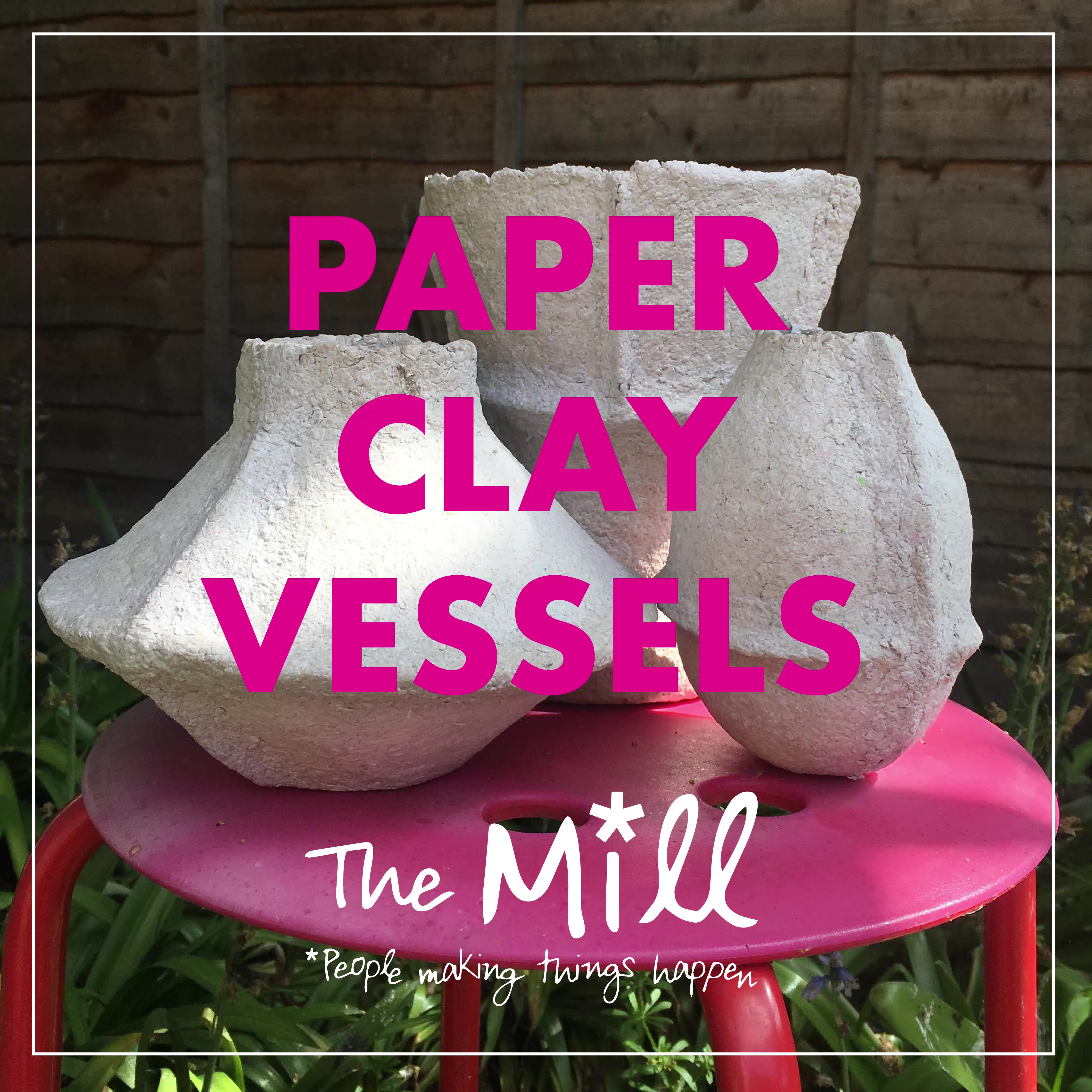 Paper Clay Vessels title page showing three sculptural papermache containers in bulbous shapes, arranged on a table