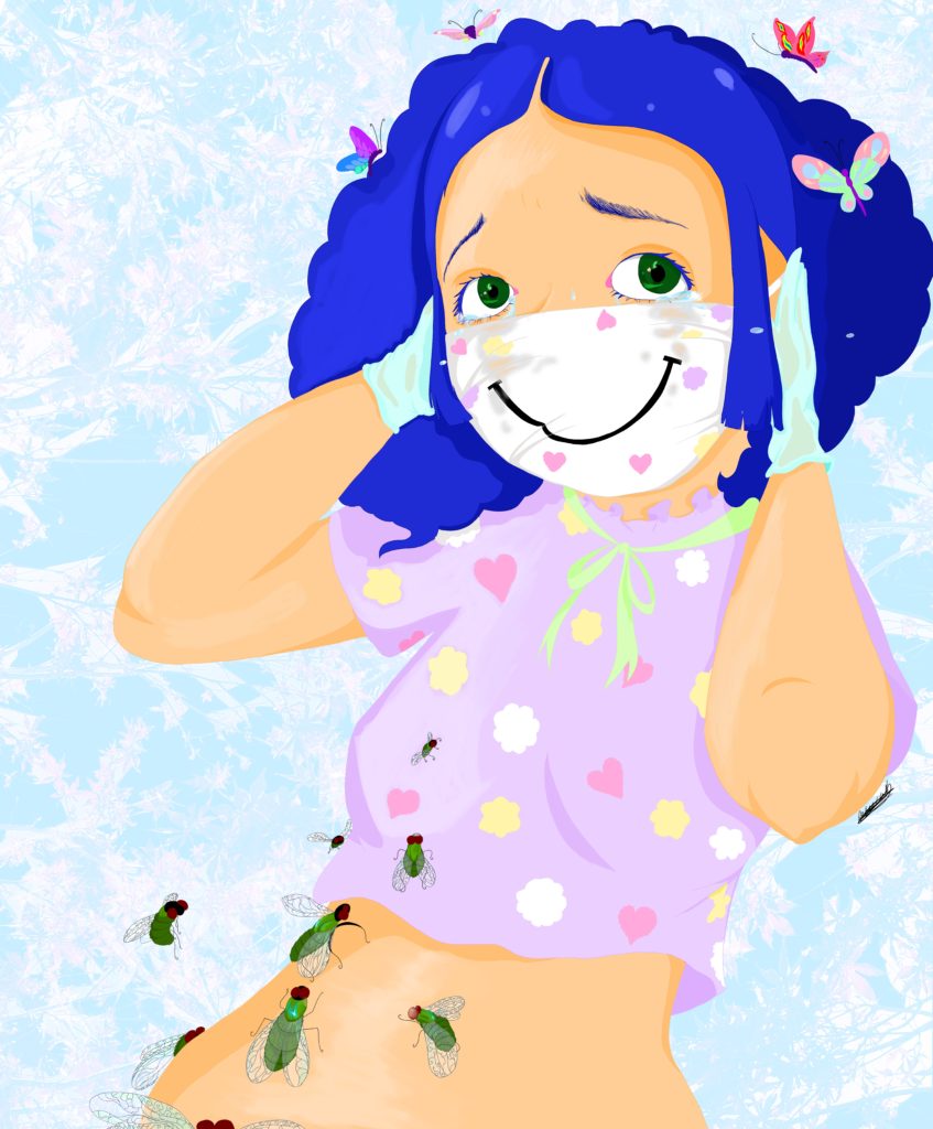 An illustrated image of a brightly coloured, intriguing female character with blue hair, wearing a smiley face mask and covered in pretty-looking bugs and butterflies.