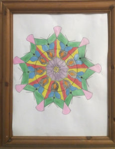A photograph of a painting featuring a mandala design. Bright colours form a circular repeating pattern