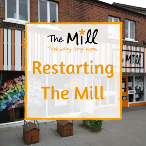 Photo of the outside of the Mill building, with the words "Restarting The Mill" superimposed