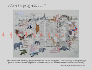 Embroidered animals, and facts about ecological loss, surround a map of the world, overlain with a chart of the geological timescale. Across the centre of the piece is the EPG of a heartbeat, and underneath a quote by the President of Ireland about the loss of biodiversity
