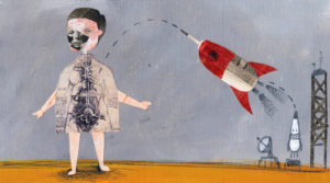 A mixed media collage, of a person, with a diagram of the internal organs overlaying their body. A space rocket is flying from a launchpad towards their heart.